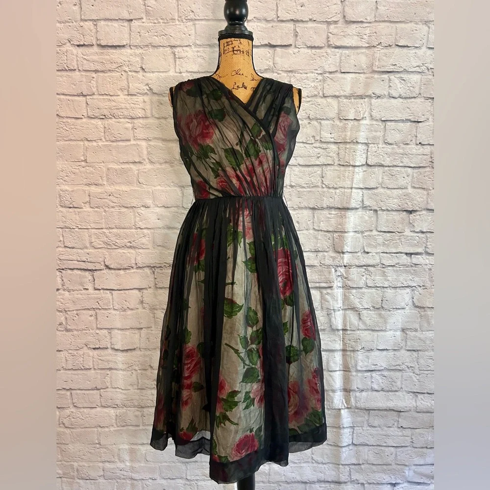 Vintage 50s Dress WOUNDED BIRD Black Pink Floral Midi Evening Formal Party Prom - Picture 4 of 17
